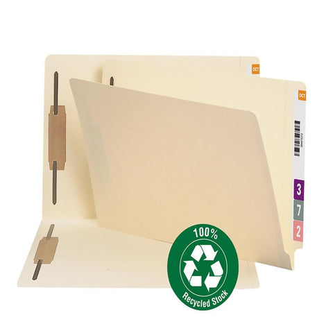 Smead End Tab 100% Recycled Fastener Folder, Reinforced Straight-Cut Tab, 2 Fasteners, Legal, Manila, 50 per Box (37160)
