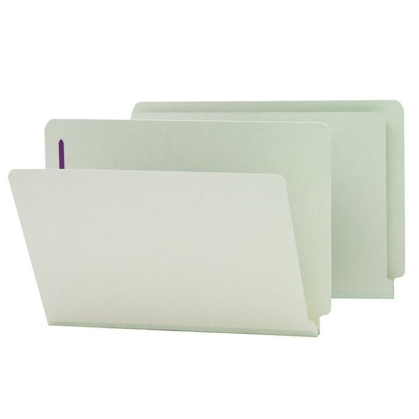 Smead End Tab Pressboard Fastener Folder with SafeSHIELD® Fastener, 2 Fasteners, Legal, Gray/Green, 25 per box (37705)