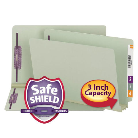 Smead End Tab Pressboard Fastener Folder with SafeSHIELD® Fastener, 2 Fasteners, Legal, Gray/Green (37725)