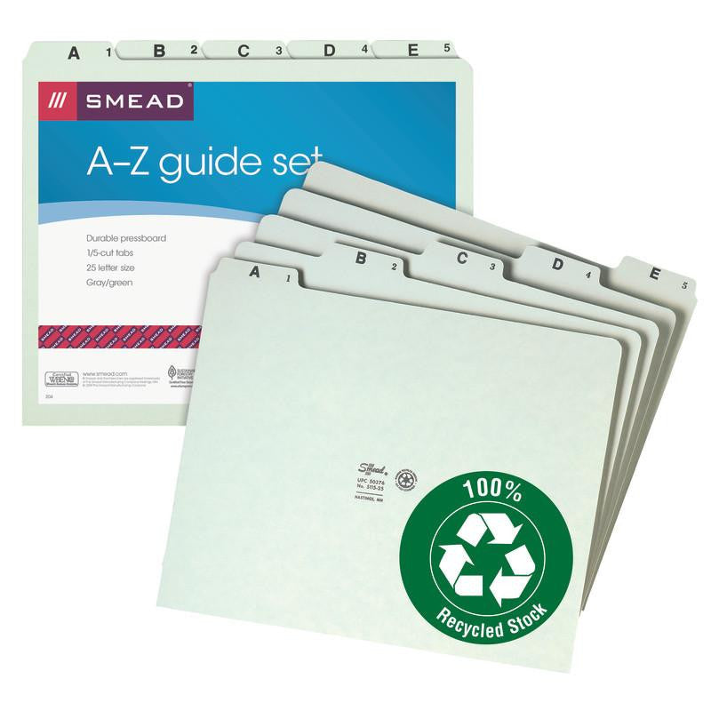 Smead Pressboard Guides, Plain 1/5-Cut Tab (A-Z), Set of 25, Letter Size, Gray/Green, 25 per Set (50376)