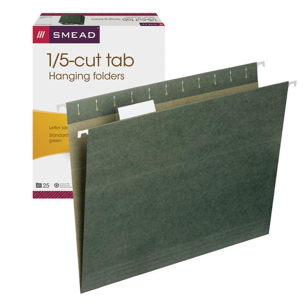 Smead Hanging File Folder with Tab, 1/5-Cut Adjustable Tab, Letter Size, Standard Green, 25 per Box (64055)