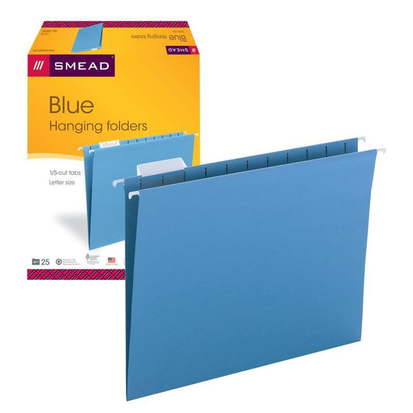 Smead Hanging File Folder with Tab, 1/5-Cut Adjustable Tab, Letter Size, Blue, 25 per Box (64060)
