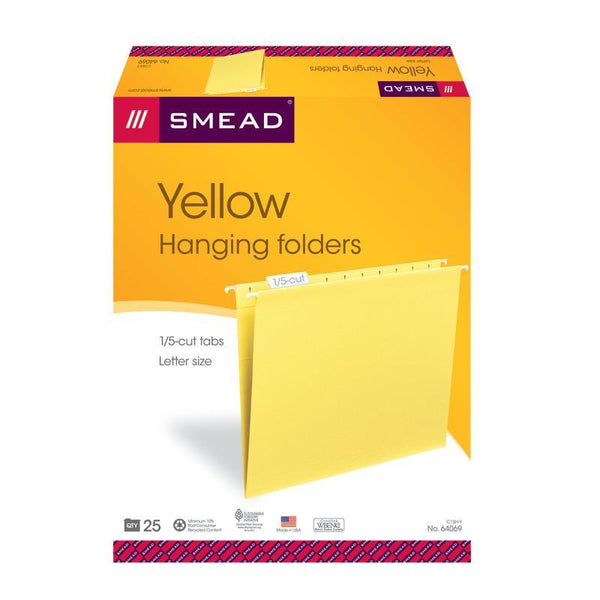 Smead Hanging File Folder with Tab, 1/5-Cut Adjustable Tab, Letter Size, Yellow, 25 per Box (64069)