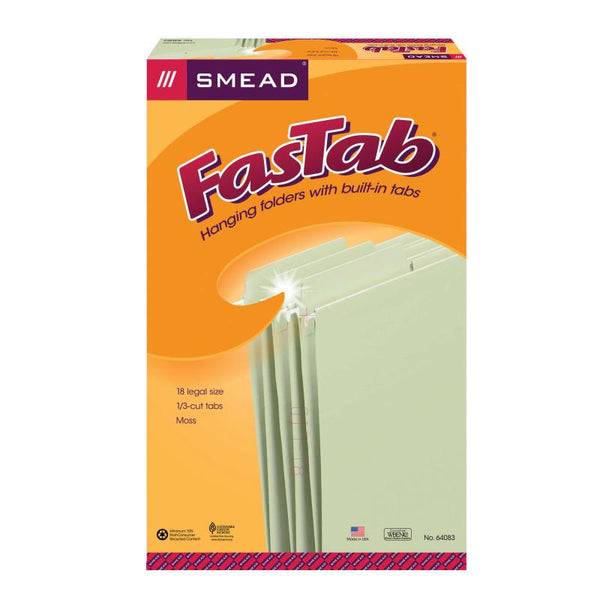 Smead FasTab® Hanging File Folder, 1/3- Cut Built-In Tab, Legal Size, Moss, 20 per Box (64083)