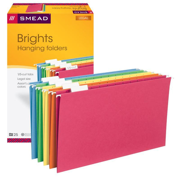 Smead Hanging File Folder with Tab, 1/5-Cut Adjustable Tab, Legal Size, Assorted Colors, 25 per Box (64159)