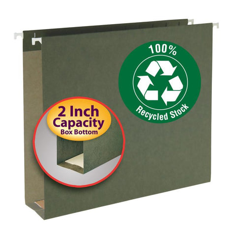 Smead 100% Recycled Hanging Box Bottom File Folder, 2" Expansion, Letter Size, Standard Green, 25 per Box (65090)