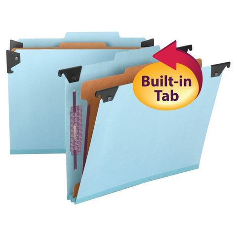 Smead FasTab® Hanging Pressboard Classification Folder with SafeSHIELD® Fastener, 1 Divider, 2/5-Cut Built-in Tab, Letter Size, Blue, 10 per Box (65105)