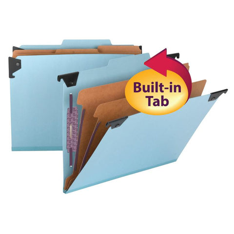 Smead FasTab® Hanging Pressboard Classification Folder with SafeSHIELD® Fastener, 2 Dividers,  2/5-Cut Built-in Tab, Letter Size, Blue, 10 per Box (65115)