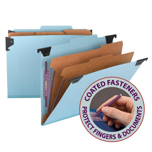 Smead FasTab® Hanging Pressboard Classification Folder with SafeSHIELD® Fastener, 2 Dividers,  2/5-Cut Built-in Tab, Letter Size, Blue, 10 per Box (65115)