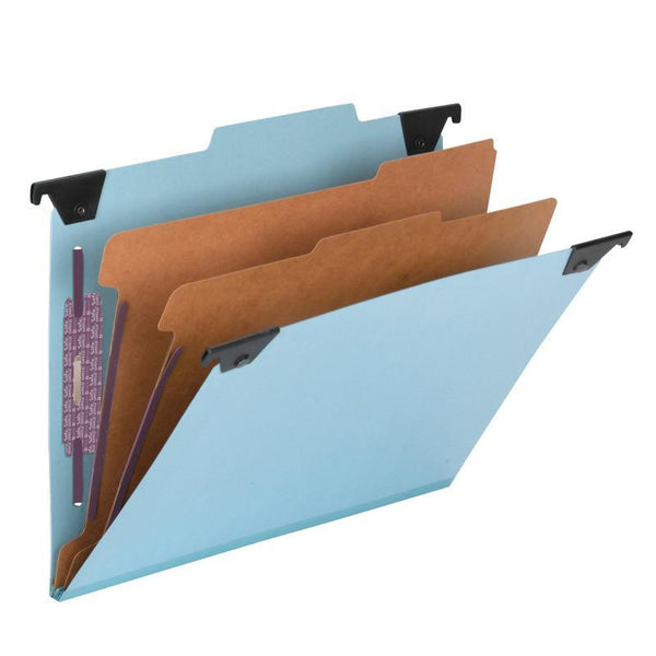 Smead FasTab® Hanging Pressboard Classification Folder with SafeSHIELD® Fastener, 2 Dividers,  2/5-Cut Built-in Tab, Letter Size, Blue, 10 per Box (65115)