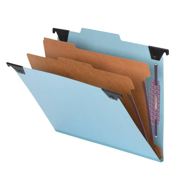 Smead FasTab® Hanging Pressboard Classification Folder with SafeSHIELD® Fastener, 2 Dividers,  2/5-Cut Built-in Tab, Letter Size, Blue, 10 per Box (65115)