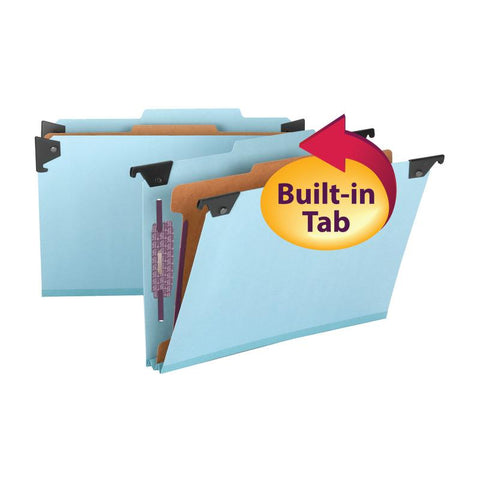 Smead FasTab® Hanging Pressboard Classification Folder with SafeSHIELD® Fastener, 1 Divider, 2/5-Cut Built-in Tab, Legal Size, Blue, 10 per Box (65155)