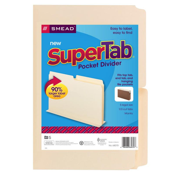 Smead SuperTab® Pocket Divider, Oversize 1/2-Cut Tab, 2 dividers per insert, Legal Size, 5 per Pack (68070)