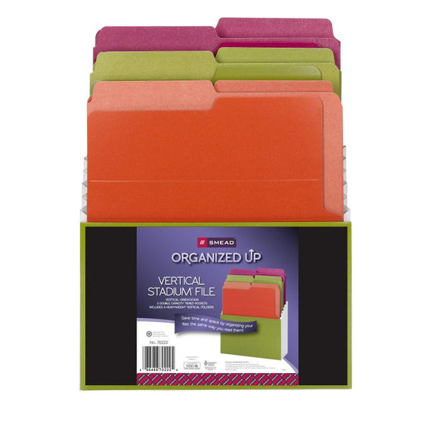 Smead Organized Up® Vertical Stadium® File with Heavyweight Vertical Folders, 3 Pockets, Letter, Peridot/Brights (70222)