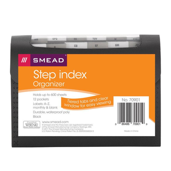 Smead Step Index Poly Organizer, 12 Pockets, Flap and Cord Closure, Letter Size, Black (70901)