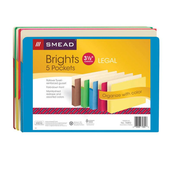 Smead File Pocket, Straight-Cut Tab, 3-1/2" Expansion, Legal Size, Assorted Colors, 5 per Pack (74892)