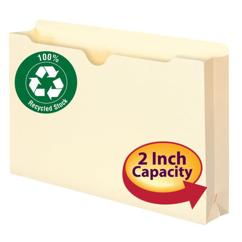 Smead 100% Recycled File Jacket, Reinforced Straight-Cut Tab, 2" Expansion, Legal Size, Manila, 50 per Box (75607)