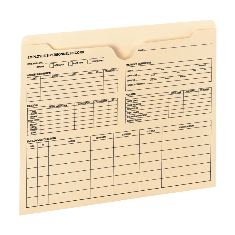 Smead Employee Record File Jacket, Reinforced Straight-Cut Tab, Flat-No Expansion, Letter Size, Manila, 20 per Pack (77100 )