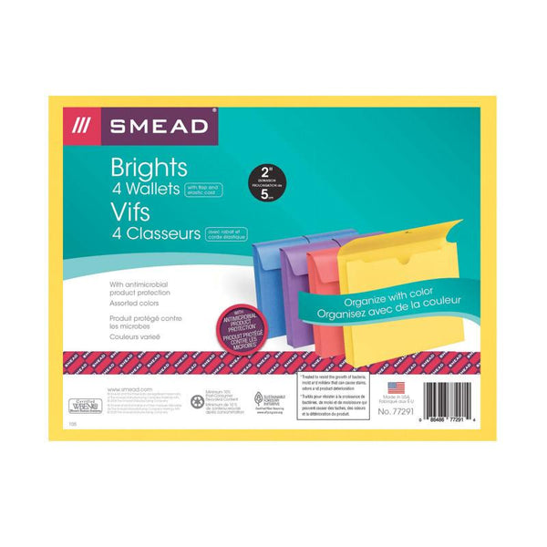 Smead Expanding Wallet with Antimicrobial Product Protection, 2" Expansion, Flap and Cord Closure, Letter Size, Assorted Colors, 4 per Pack (77291)