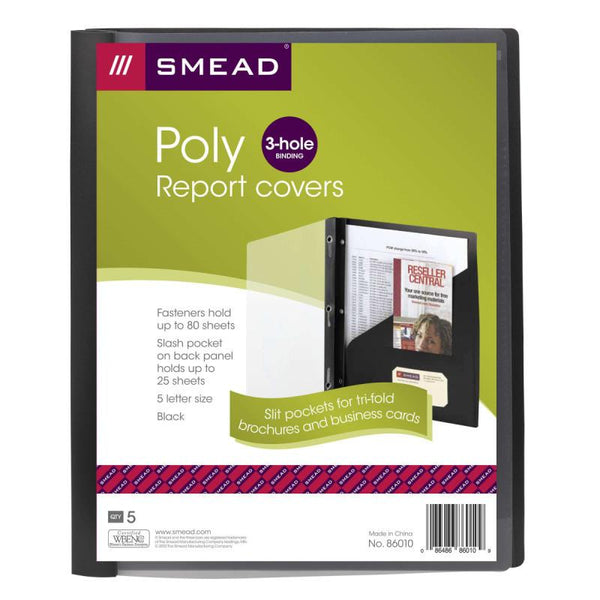 Smead Clear Front Poly Report Cover, 3 Tang-style Fasteners, Up to 25 Sheets, Letter Size, Black, 5 per Pack (86010)
