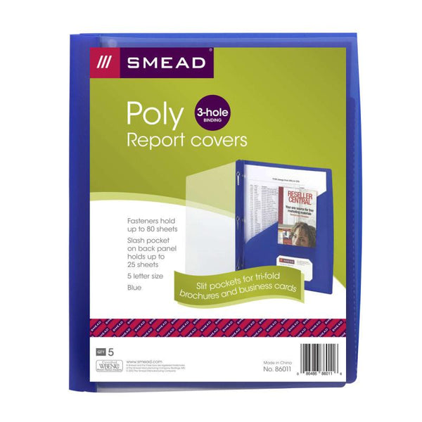 Smead Clear Front Poly Report Cover, 3 Tang-style Fasteners, Letter Size, Dark Blue, 5 per Pack (86011)