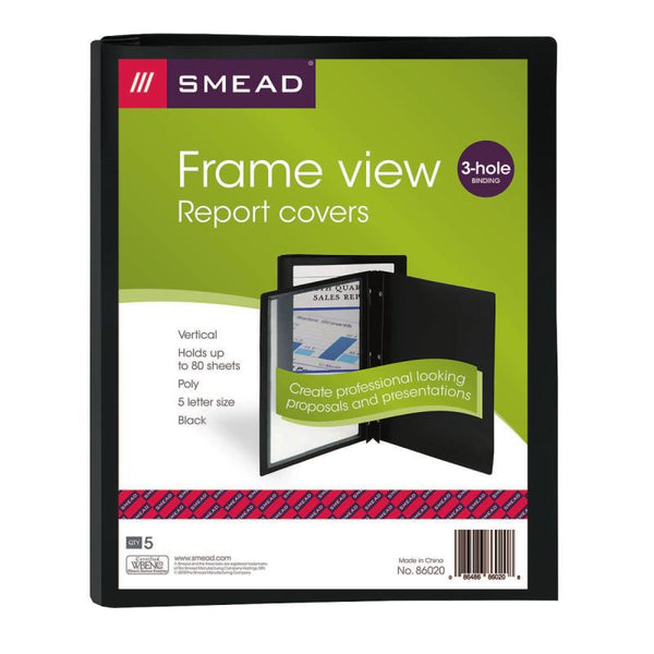 Smead Frame View Poly Report Cover, Three 1/2" Fasteners, Side Fastener, Letter Size, Black/Clear Front, 5 per Pack (86020)