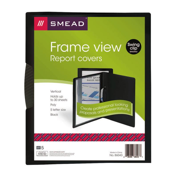 Smead Frame View Poly Report Cover with Swing Clip, Side Fastener, Letter Size (Portrait Orientation), Black/Clear Front, 5 per Pack (86043)