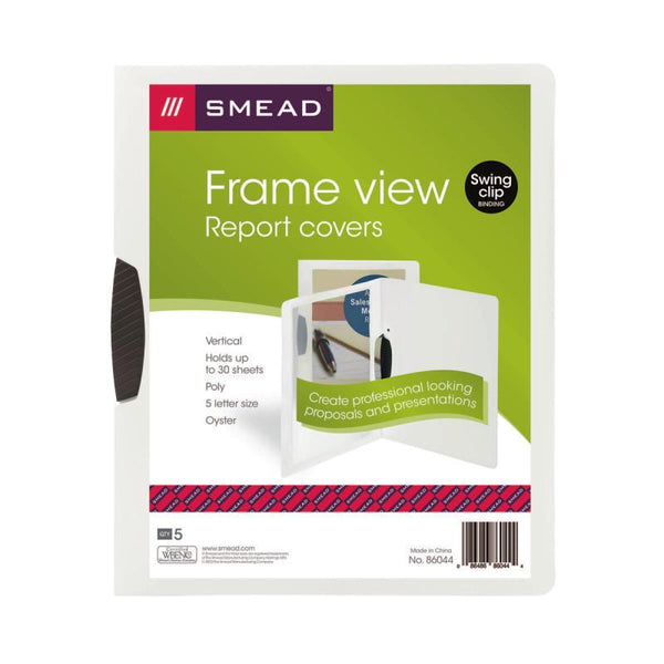 Smead Frame View Poly Report Cover with Swing Clip, Side Fastener, Letter Size (Portrait Orientation), Oyster/Clear Front, 5 per Pack (86044)