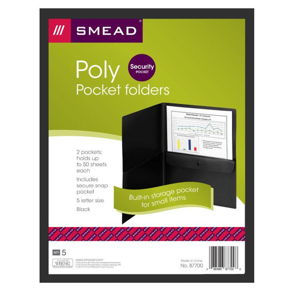 Smead Poly Two-Pocket Folder with Security Pocket, Holds up to 100 Sheets, Letter Size, Black, 5 per Pack (87700)