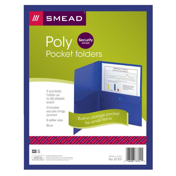 Smead Poly Two-Pocket Folder with Security Pocket, Letter Size, Dark Blue, 5 per Pack (87701)