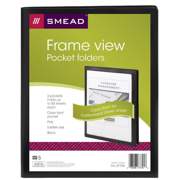 Smead Frame View Poly Two-Pocket Folder, Letter Size, Black, 5 per Pack (87705)
