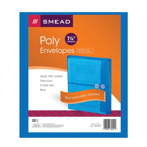 Smead Poly Envelope, 1-1/4" Expansion, String-Tie Closure, Side Load, Letter Size, Blue, 5 per Pack (89522)