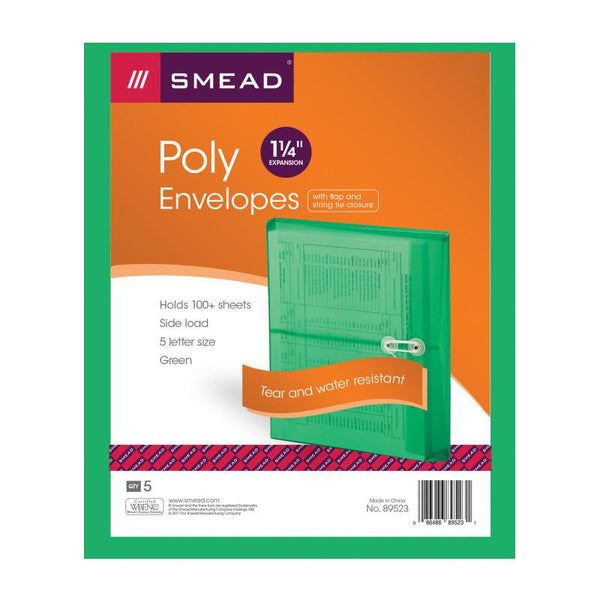 Smead Poly Envelope, 1-1/4" Expansion, String-Tie Closure, Side Load, Letter Size, Green, 5 per Pack (89523)