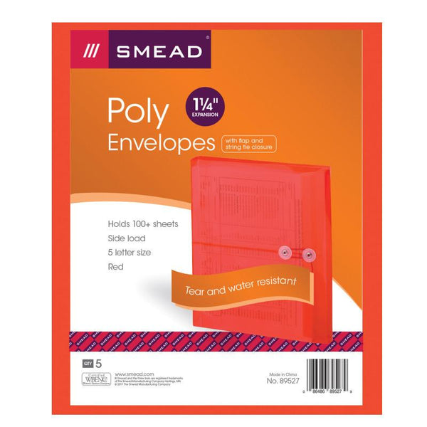 Smead Poly Envelope, 1-1/4" Expansion, String-Tie Closure, Side Load, Letter Size, Red, 5 per Pack (89527)