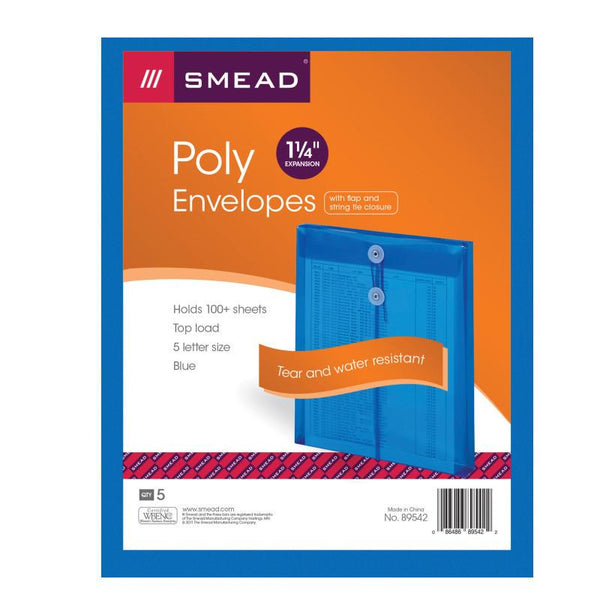 Smead Poly Envelope, 1-1/4" Expansion, String-Tie Closure, Top Load, Letter Size, Blue, 5-Pack (89542)