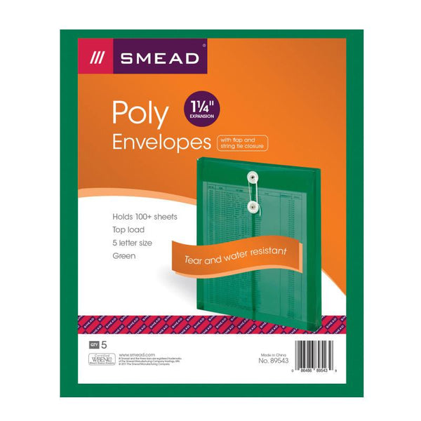 Smead Poly Envelope, 1-1/4" Expansion, String-Tie Closure, Top Load, Letter Size, Green, 5-Pack (89543)
