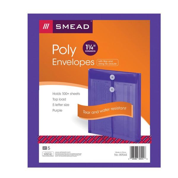 Smead Poly Envelope, 1-1/4" Expansion, String-Tie Closure, Top Load, Letter Size, Purple, 5-Pack (89544)