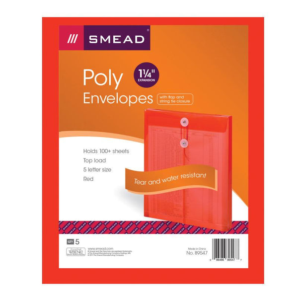 Smead Poly Envelope, 1-1/4" Expansion, String-Tie Closure, Top Load, Letter Size, Red, 5-Pack (89547)